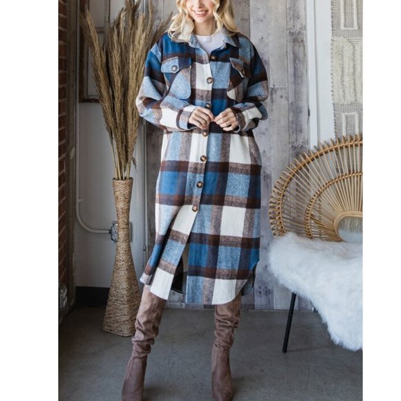 Plaid Oversized Long Shirt Jacket Shacket Coat - Picture 3 of 7